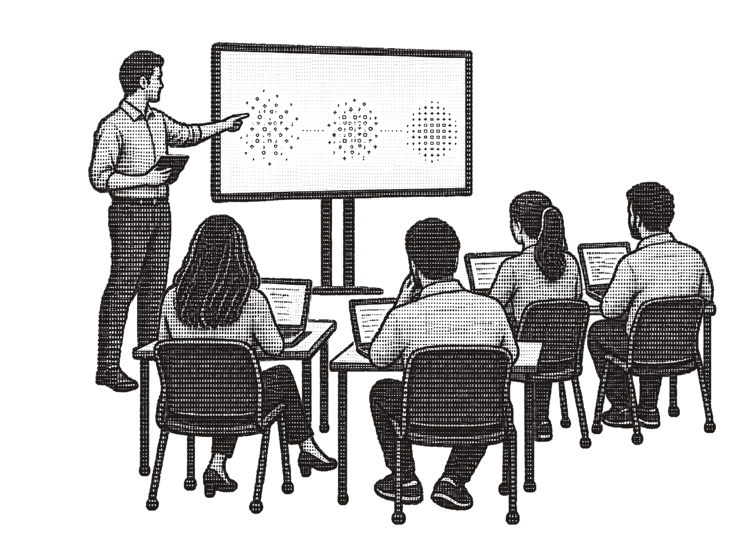 Treinamento in-company: instrutor e equipe diante de uma tela com agrupamentos abstratos.
